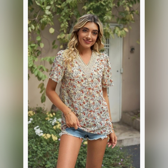 Boho Tops Blouses for Women V Neck Floral Summer Shirts Trendy Short Sleeve - Picture 13 of 14